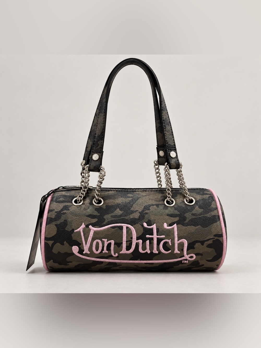 Von Dutch Pink Camo Barrel Shoulder Bag Y2K